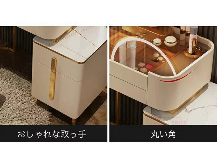 ドレッサー 北欧風 鏡台 オシャレ お姫系 ガラス天板 大理石天板  ドレッサー幅100cmセット チェスト  LEDミラー スツールセット レザー調 寝室 化粧テーブル 小さい化粧台 コスメ台 収納 J205