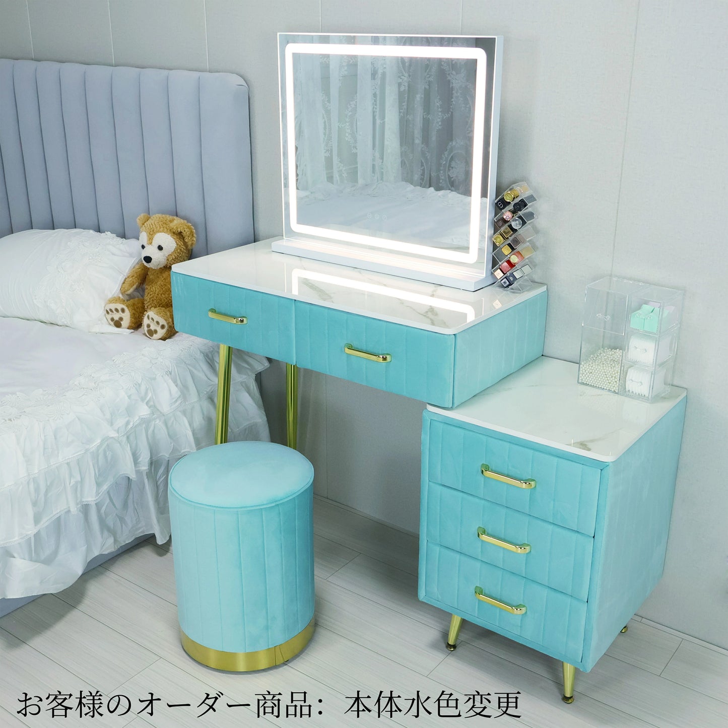 ドレッサー 北欧風 鏡台 オシャレ お姫系 LEDミラー ベロア調  ドレッサー スツールセット 寝室 化粧テーブル  小さい化粧台 コスメ台 収納 J108-1