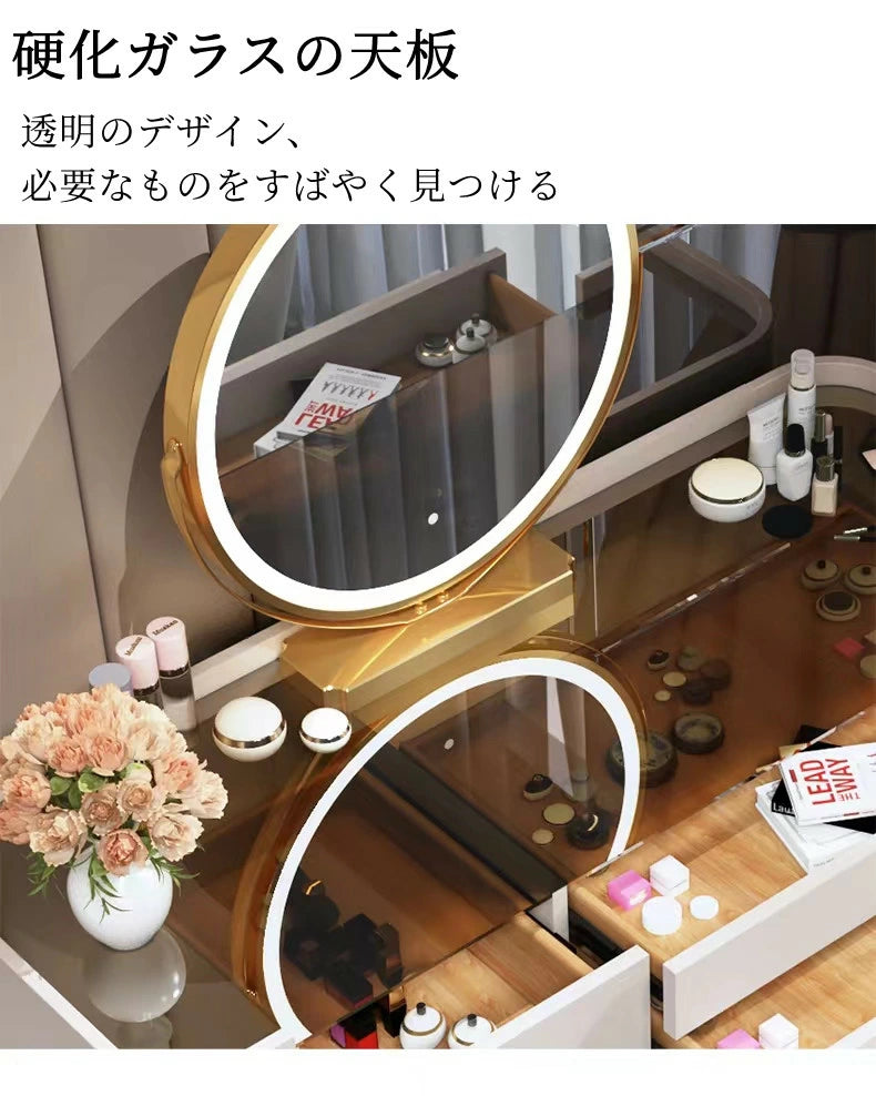 ドレッサー 北欧風 鏡台 オシャレ お姫系 ガラス天板 大理石天板  ドレッサー幅100cmセット チェスト  LEDミラー スツールセット レザー調 寝室 化粧テーブル 小さい化粧台 コスメ台 収納 J205
