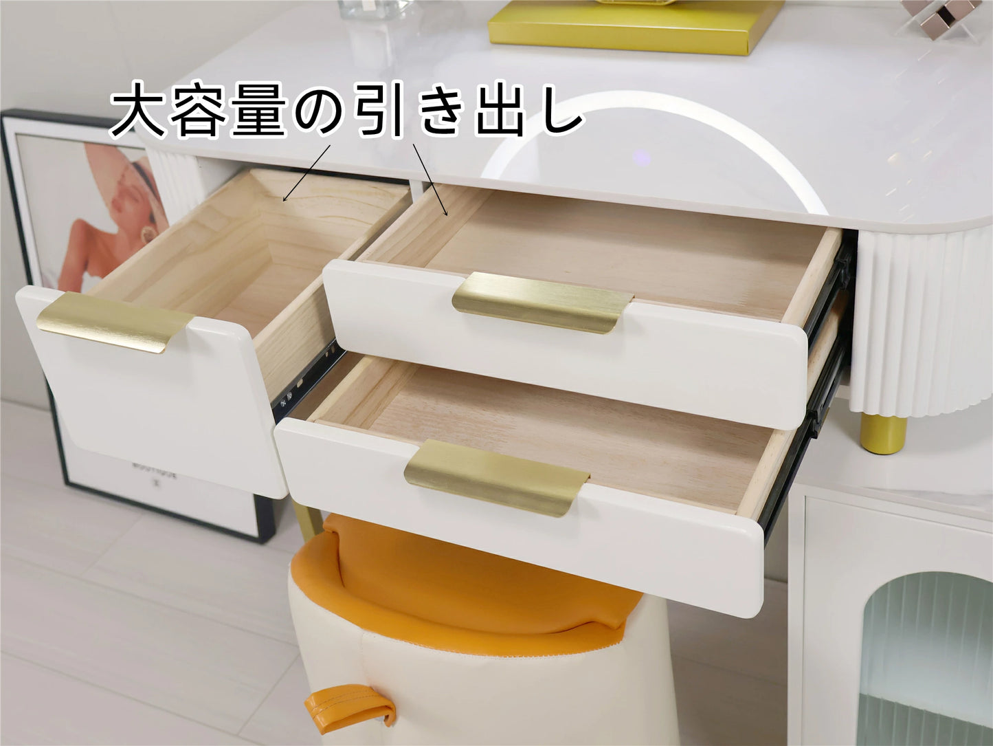 鏡台 ドレッサー おしゃれ 女優ミラー 北欧風 自社製品 オリジナルオーダー お姫系 大理石天板 カラ レザー調 テーブル幅80cm チェスト LEDミラー スツール 寝室 化粧テーブル 小さい化粧台 コスメ台 収納 ネイルサロン コンパクト j212